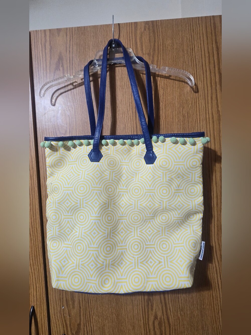 Clinique Yellow Geometric Tote with Navy Handles Mint Pom Trim Jonathon Adler
